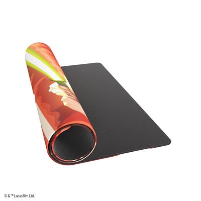 Gamegenic Playmat featuring Qui-Gon Jinn from Star Wars Unlimited, rolled partially with a textured black underside.