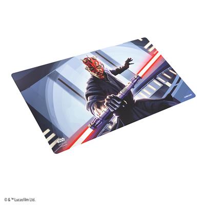 Darth Maul themed playmat featuring the character wielding a lightsaber in a dramatic pose. Ideal for tabletop gaming.