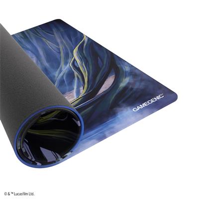Gamegenic Star Wars Unlimited playmat featuring a vibrant Dagobah landscape design, rolled partially to show texture.