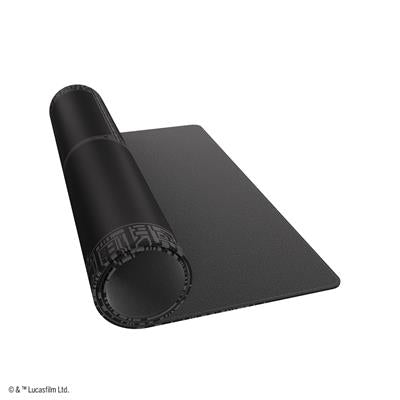 Gamegenic Playmat featuring a Star Wars Unlimited pattern, rolled partially open, showcasing its sleek black surface and design.
