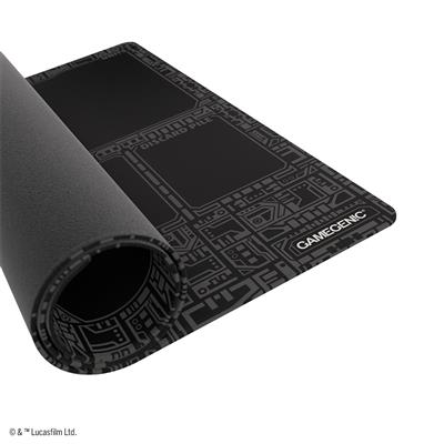 Gamegenic Star Wars Unlimited playmat featuring a sleek black design with an intricate geometric pattern, ideal for gaming.