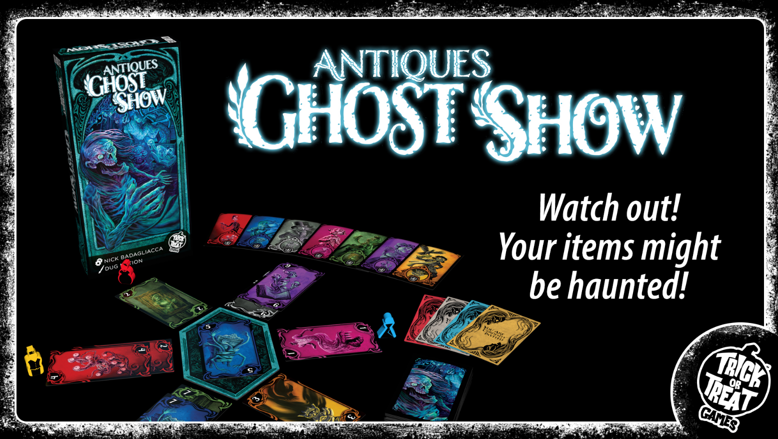 Antiques Ghost Show board game box with colorful game cards arranged around a central board, featuring spooky artwork.