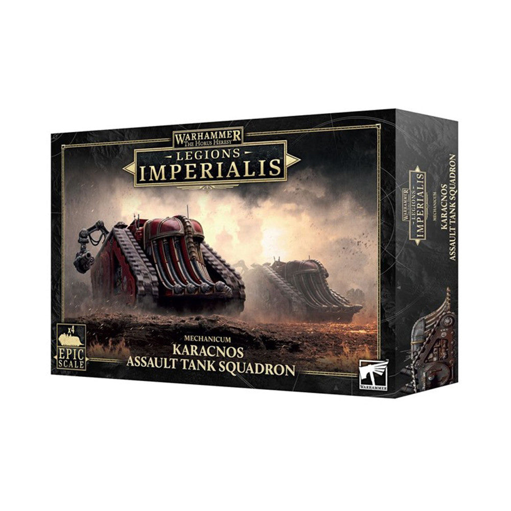 Box set of Legions Imperialis: Mechanicum Karacnos Assault Tank Squadron featuring detailed tank models for tabletop gaming.
