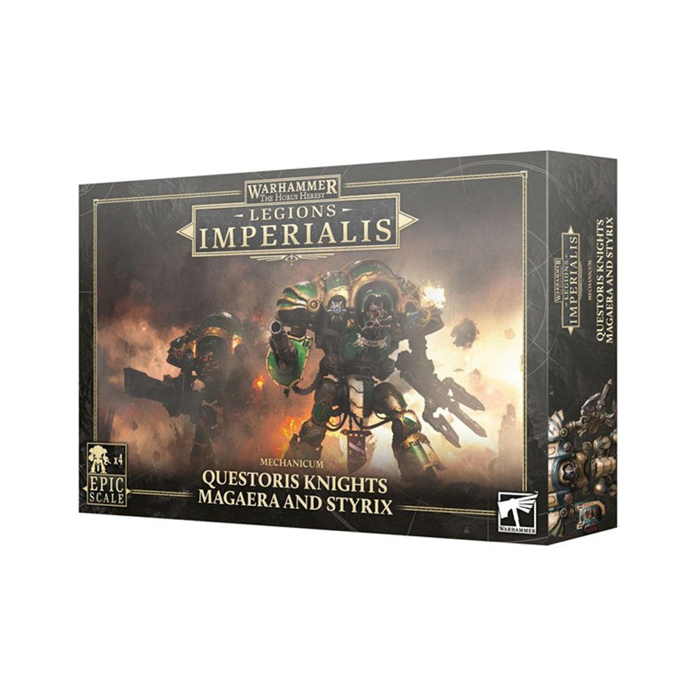 Box set of Legions Imperialis: Mechanicum featuring Questoris Knights Magaera and Styrix, designed for tabletop gaming.
