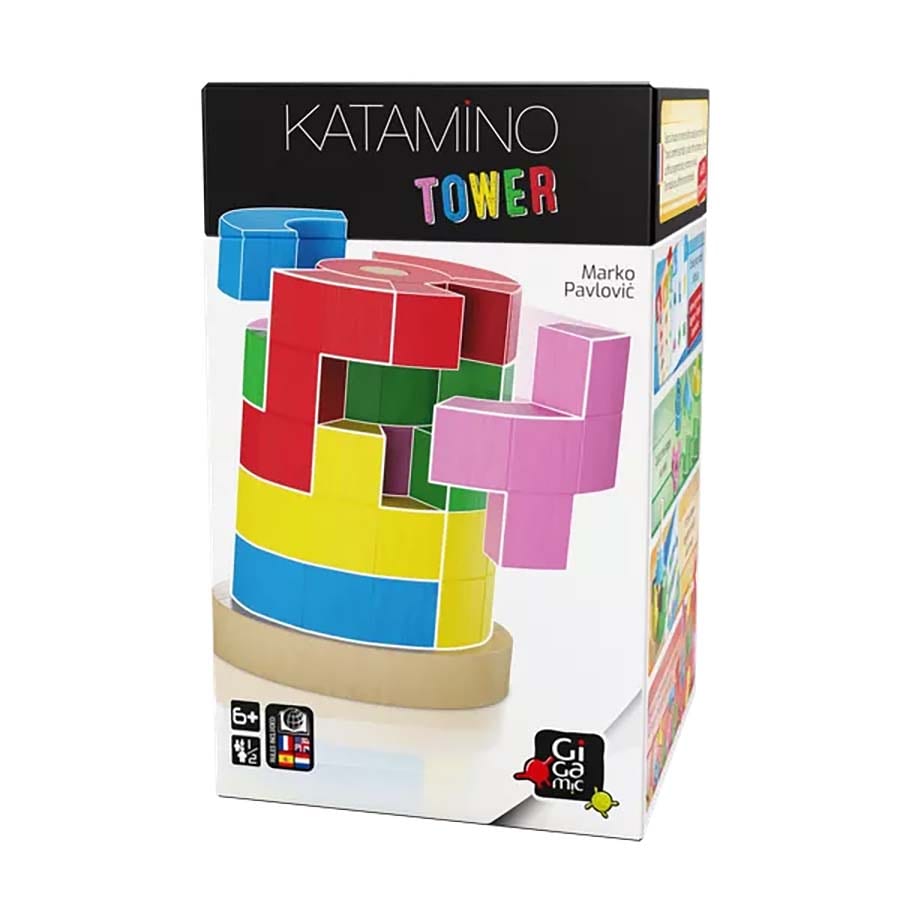 Colorful Katamino Tower game box featuring various geometric shapes stacked in a playful arrangement, designed for ages 6 and up.