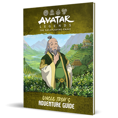 Avatar Legends roleplaying game guide featuring Uncle Iroh on the cover, set against a lush, mountainous background.