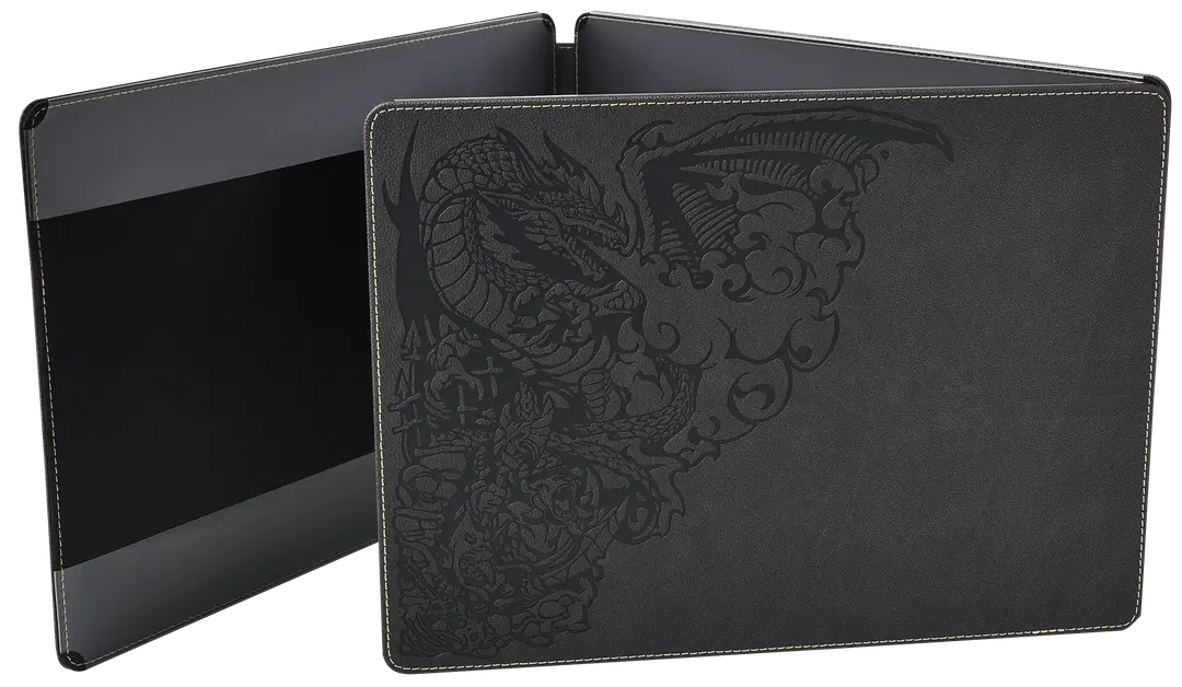 Dragon Shield Iron Grey Game Master Screen featuring a detailed dragon design and a sleek, dark finish.