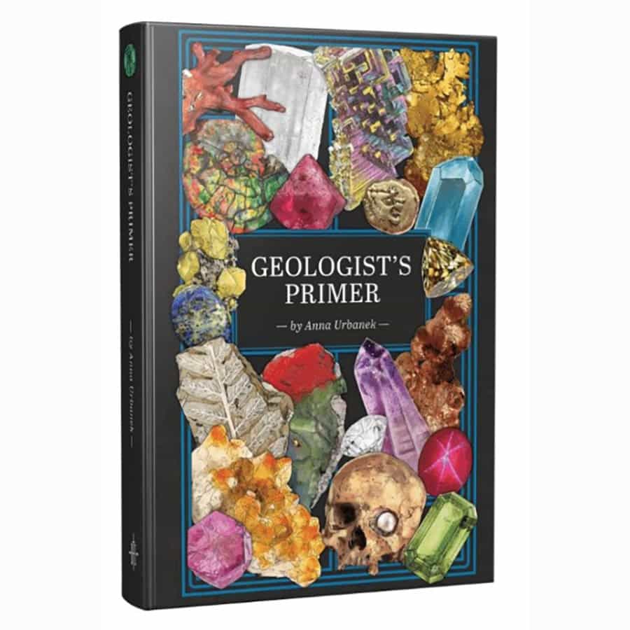 Geologist's Primer book cover featuring colorful minerals, crystals, and fossils, showcasing geological diversity.