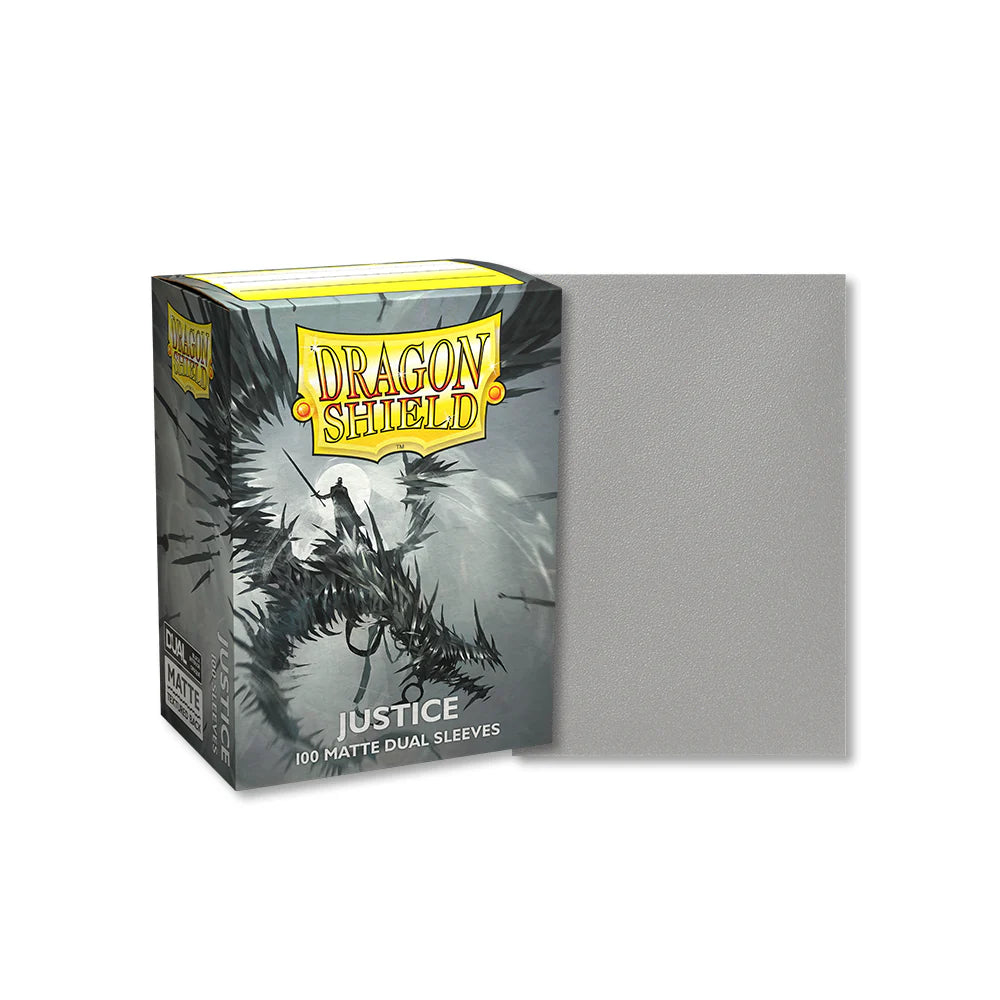 Dragon Shield Justice matte dual card sleeves pack featuring 100 protective sleeves in a sleek gray design.