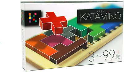 Colorful wooden puzzle pieces of various shapes displayed on a game board, with the Katamino logo on the box.