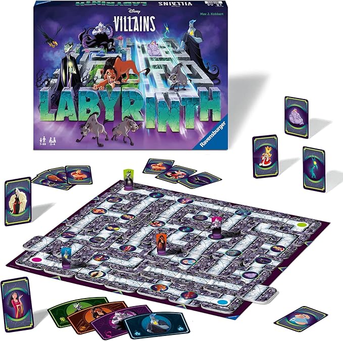 Disney Villains: Labyrinth board game featuring a colorful game board, villain character cards, and game pieces.