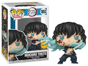 Funko POP! figure of Muichiro Tokito from Demon Slayer, featuring a bloody chase variant with a sword and blue mist.