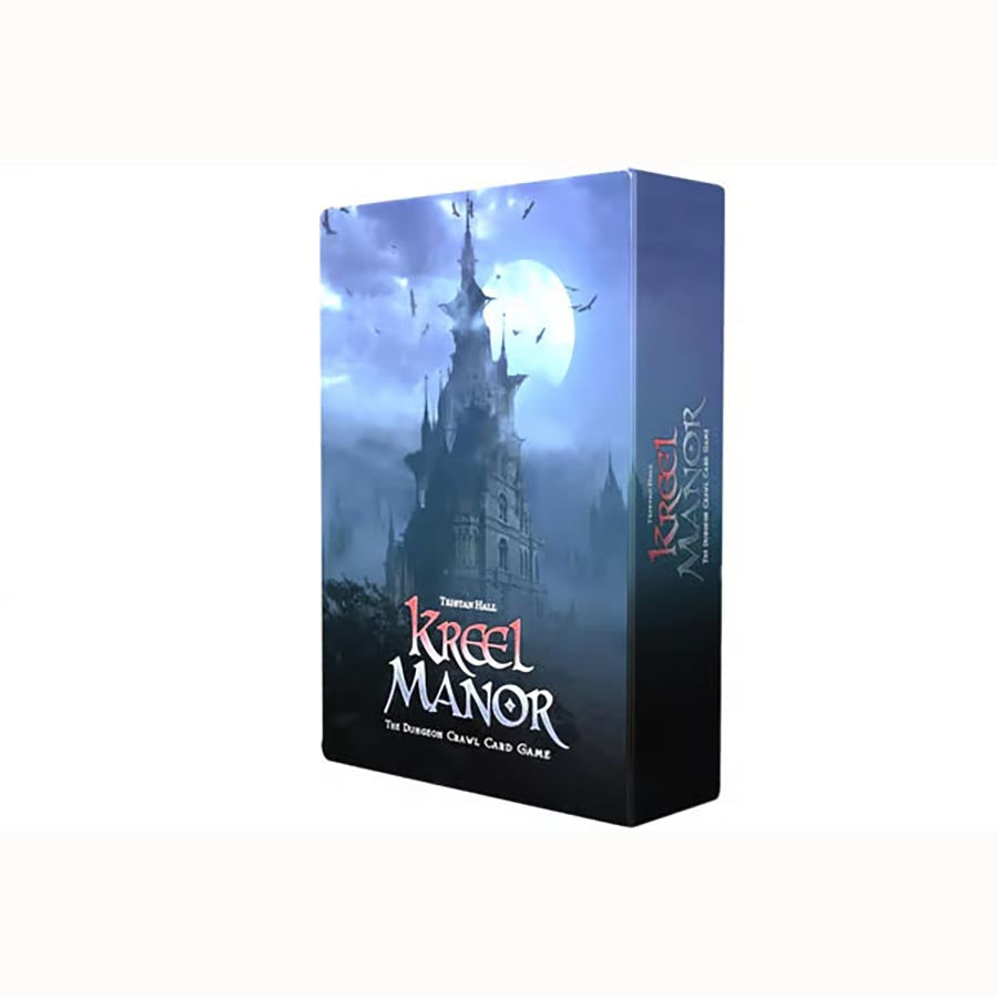 Kreel Manor board game box featuring a haunted castle with bats, designed for dungeon-themed card gameplay.
