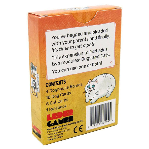Fort: Cats & Dogs Expansion box showcasing contents including doghouse boards, dog cards, cat cards, and a rulebook.