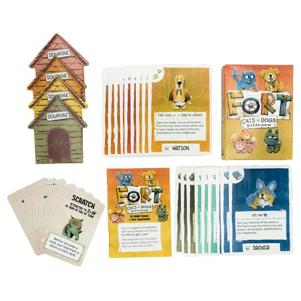 Fort: Cats & Dogs Expansion includes doghouse cards, character cards, and action cards for enhanced gameplay.