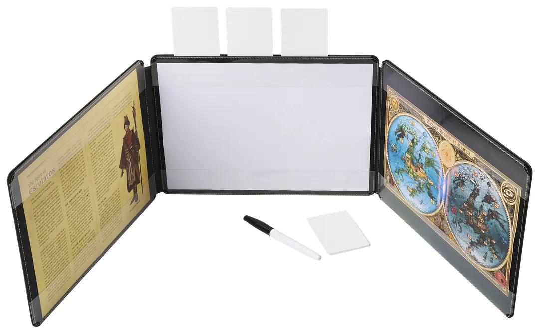 Dragon Shield Iron Grey Game Master Screen with a map and notes section, designed for tabletop gaming sessions.