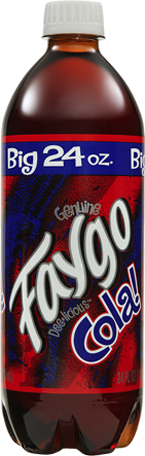 24oz bottle of Faygo Cola featuring a vibrant red and blue label with the brand name prominently displayed.