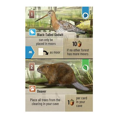 Forest Shuffle: Dartmoor game cards featuring Black-Tailed Godwit and Beaver with gameplay instructions and icons.
