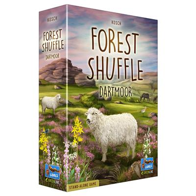 Forest Shuffle: Dartmoor board game box featuring a scenic illustration of Dartmoor with sheep and wildflowers.