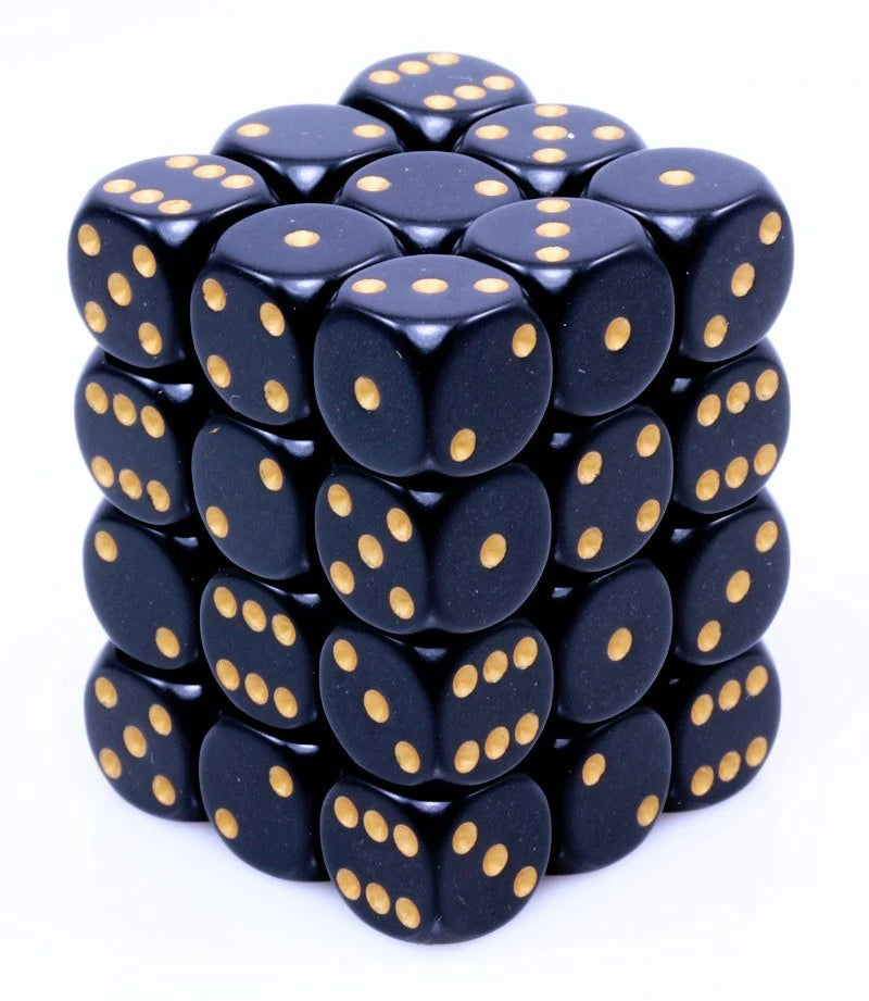 A stack of 36 opaque black D6 dice with gold pips, each measuring 12mm, ideal for gaming and collection.