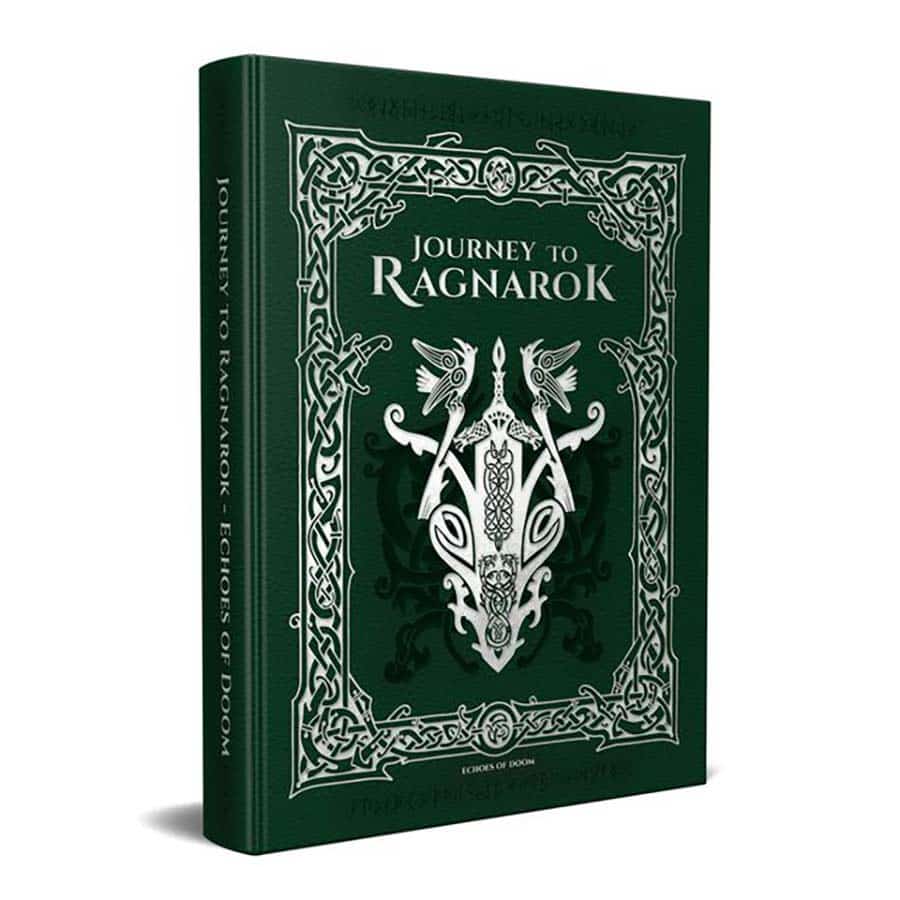 Deluxe edition cover of Journey to Ragnarok: Echoes of Doom for 5E, featuring intricate green and silver designs.