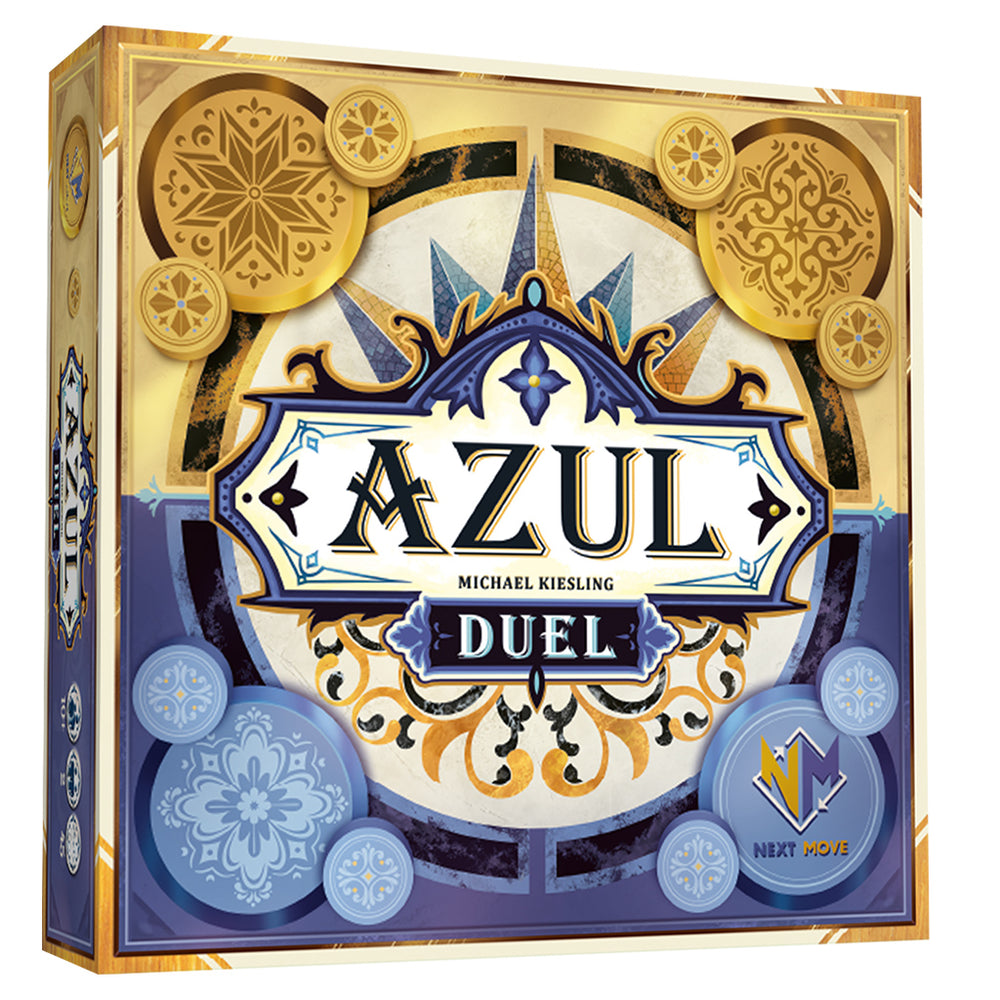Azul Duel board game box featuring intricate designs, vibrant colors, and the title prominently displayed.