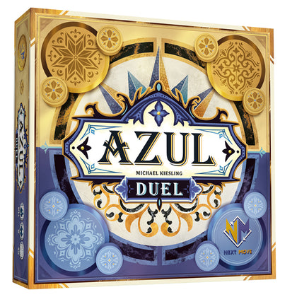 Azul Duel board game box featuring intricate designs, vibrant colors, and the title prominently displayed.