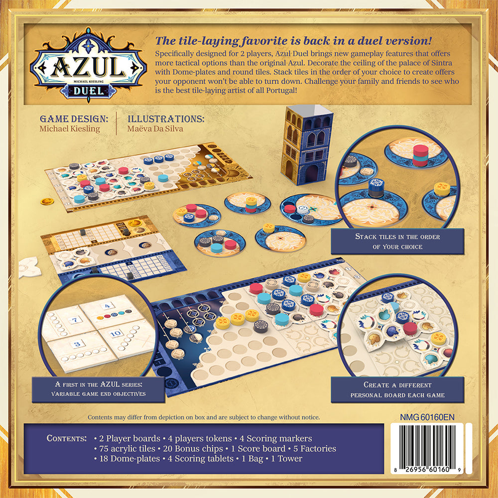 Back of Azul Duel game box showcasing components, player boards, scoring markers, and tile stacking mechanics.