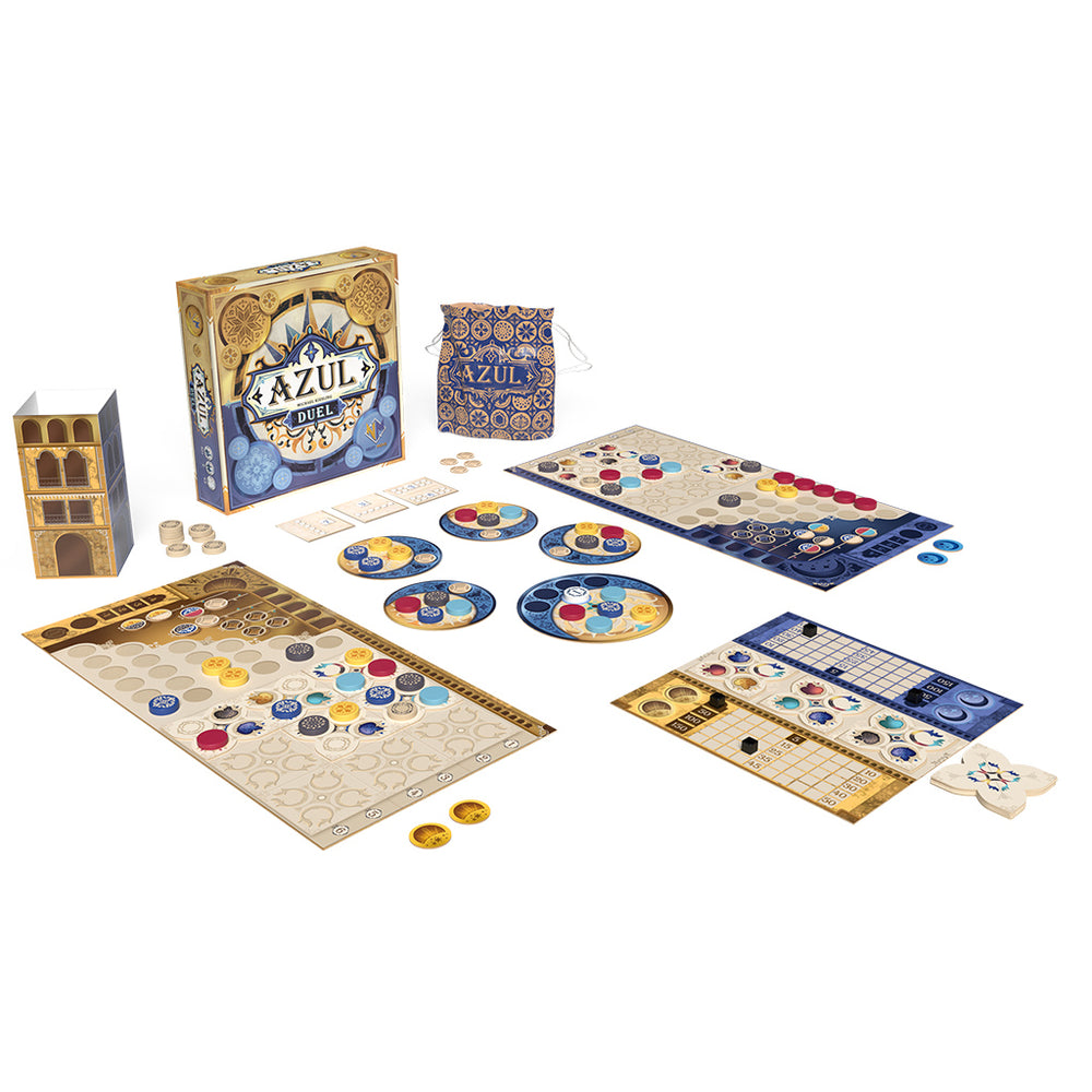 Azul Duel board game setup featuring colorful tiles, player boards, scoring sheets, and the game box.