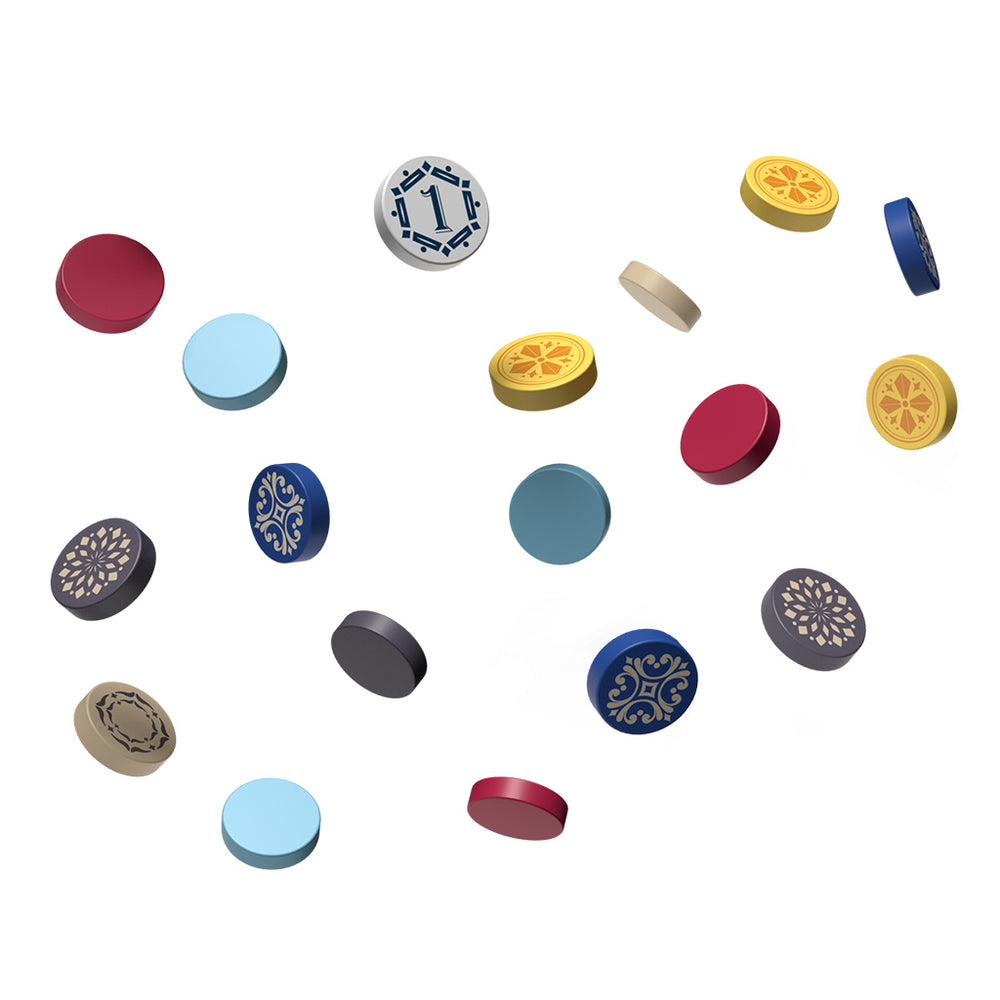 Colorful game pieces from Azul Duel scattered against a white background, showcasing various shapes and designs.