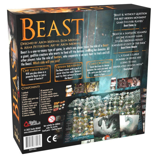 Box back of the board game "Beast," featuring game components, descriptions, and artwork showcasing gameplay elements.