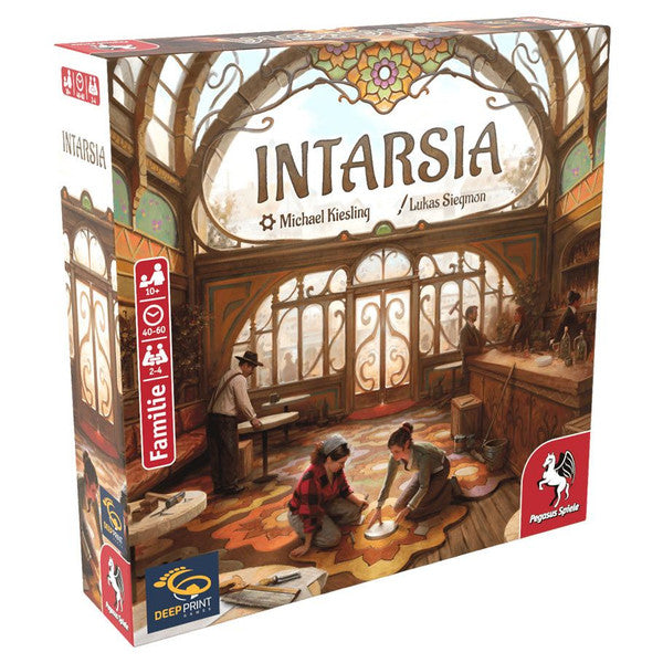 Board game box for Intarsia featuring an artistic shop scene with characters crafting intricate designs.