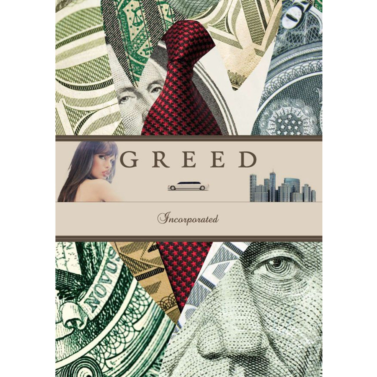 Cover of Greed Incorporated board game featuring a tie, money patterns, and a woman's silhouette against a city skyline.