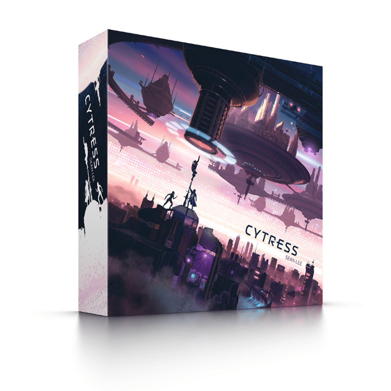 Cytress board game box featuring futuristic artwork with a cityscape, flying ships, and characters in action.