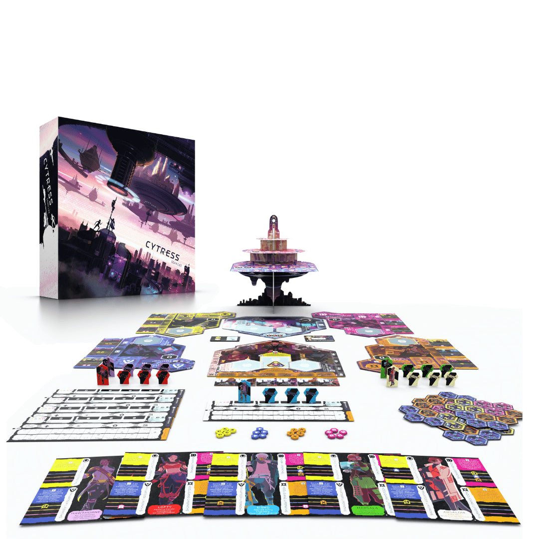 Cytress board game setup featuring colorful game pieces, hexagonal tiles, and a central 3D structure with the box art.