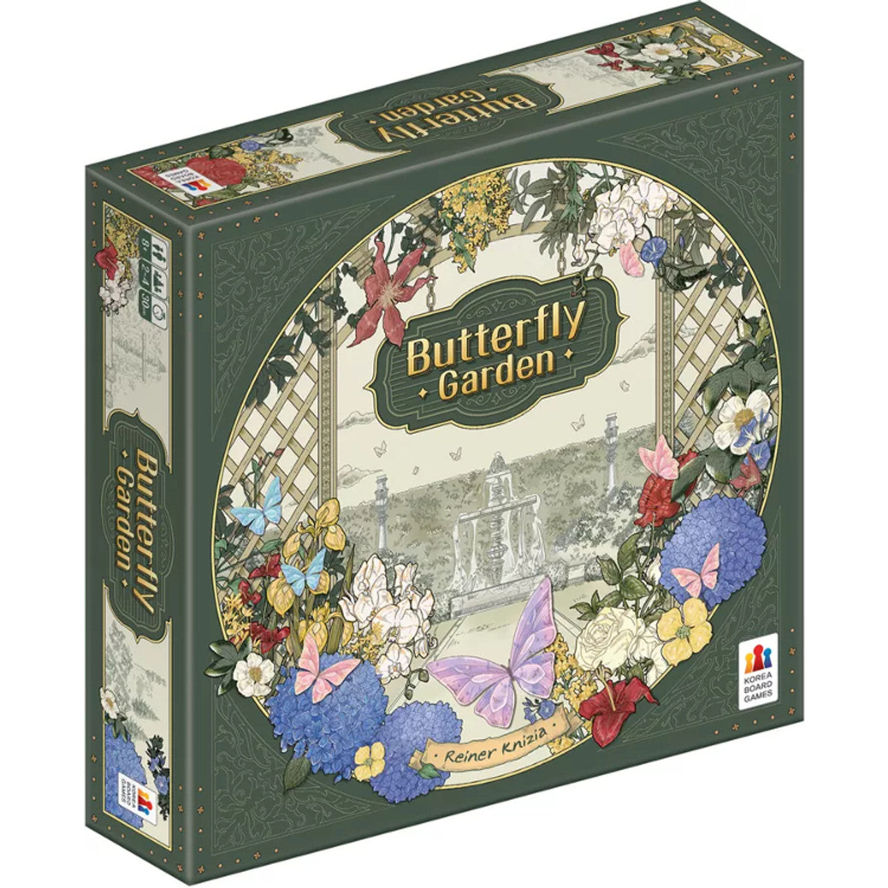 Colorful board game box for Butterfly Garden featuring floral designs and a butterfly illustration, designed by Reiner Knizia.