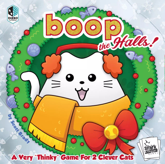 Colorful board game cover for "boop the Halls!" featuring a festive cat in a scarf and holiday decorations.