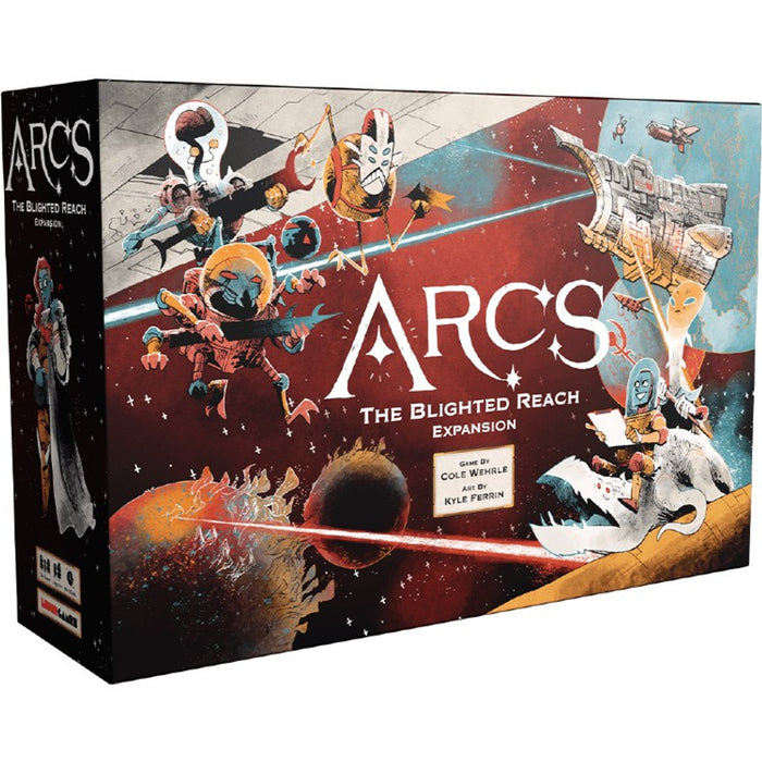Box cover of Arcs: Blighted Reach Expansion featuring vibrant artwork of sci-fi characters and spacecraft in action.