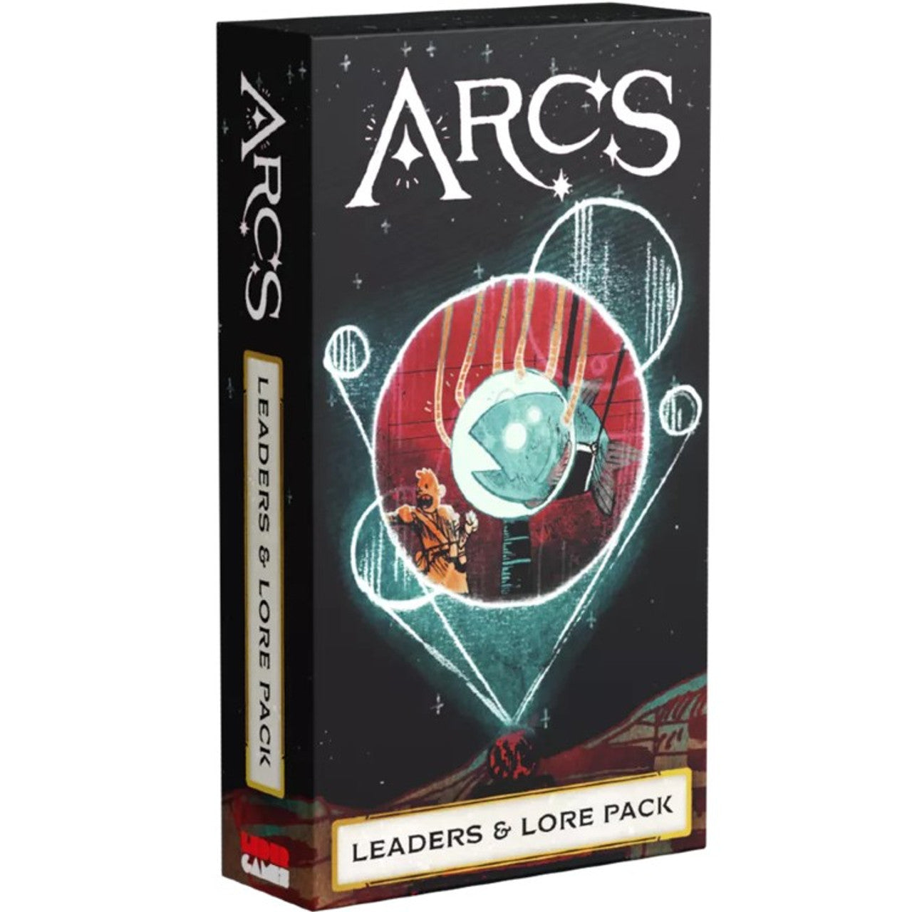 Arcs: Leaders and Lore Pack box featuring vibrant artwork with abstract designs and characters, ideal for tabletop gaming.