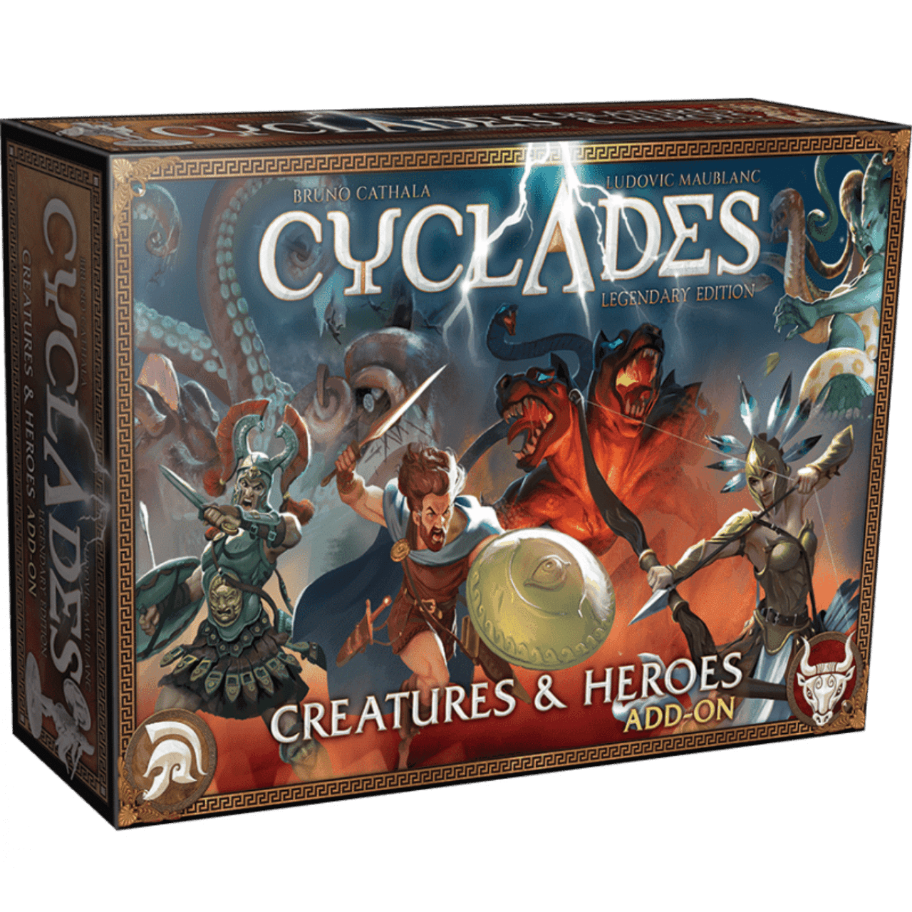 Box cover of Cyclades: Creatures and Heroes featuring mythical creatures and heroes in a vibrant, detailed design.