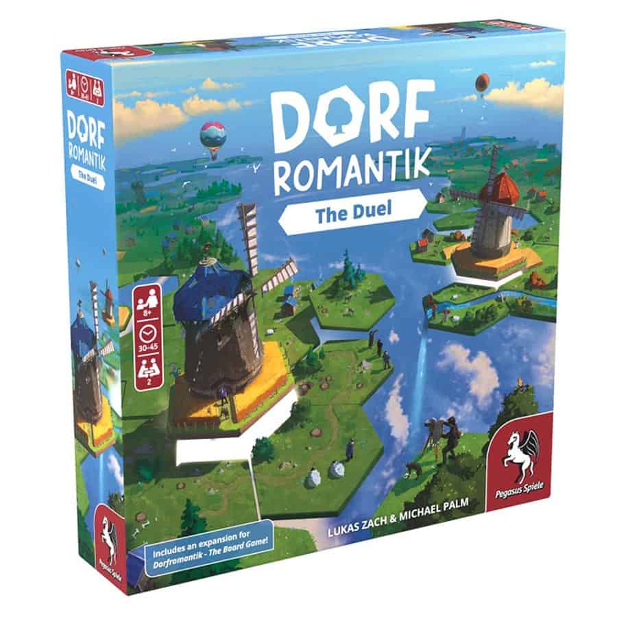 Box cover of Dorfromantik: The Duel featuring a colorful landscape with windmills and rivers, designed for strategic gameplay.