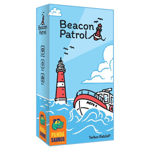 Colorful game box for Beacon Patrol featuring a lighthouse, a boat, and a playful design by Torben Ratzlaff.
