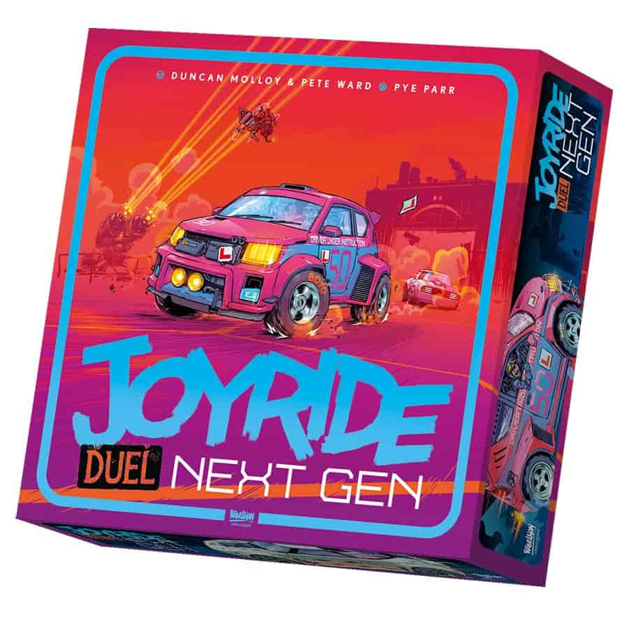 Colorful board game box for Joyride Duel: Next Gen featuring racing cars and vibrant graphics. Ideal for strategy game enthusiasts.