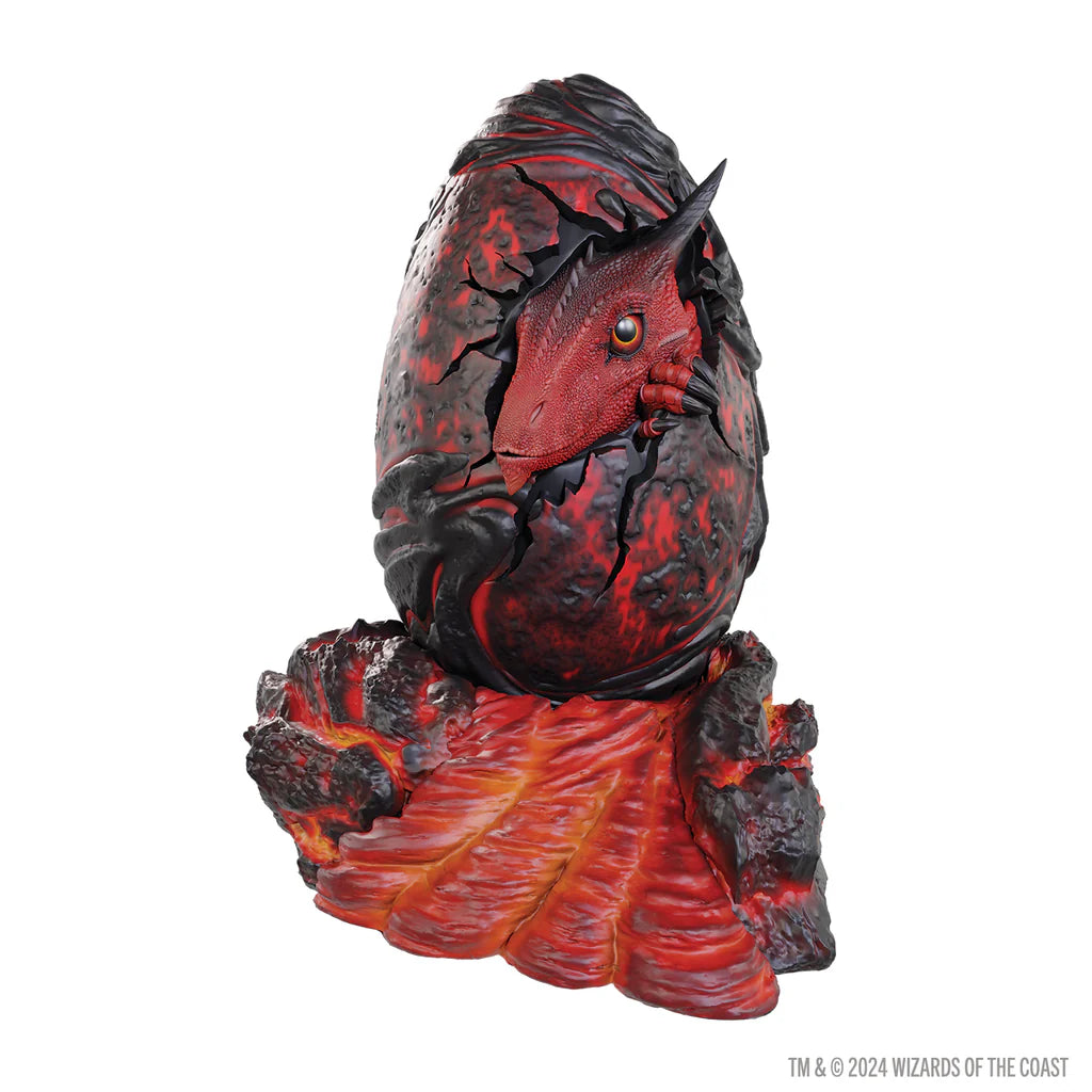 Detailed replica of a red dragon egg with a dragon peeking out, featuring vibrant colors and intricate textures.