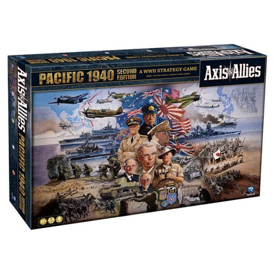 Axis & Allies: 1940 Pacific (2nd Edition) board game box featuring WWII imagery, military leaders, and naval battles.