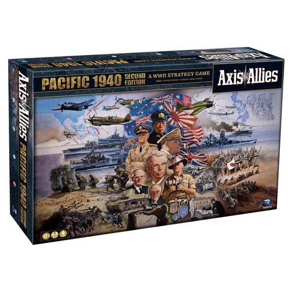 Axis & Allies: 1940 Pacific (2nd Edition) board game box featuring WWII imagery, military leaders, and naval battles.