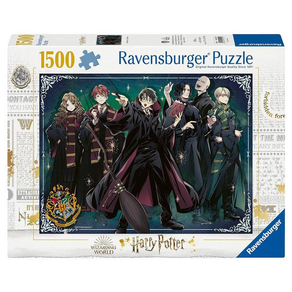 1500-piece Harry Potter puzzle featuring iconic characters in wizarding attire, designed by Ravensburger.