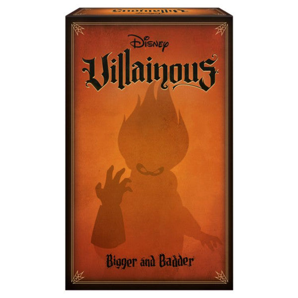 Disney Villainous: Bigger & Badder board game box featuring a shadowy villain silhouette against an orange background.