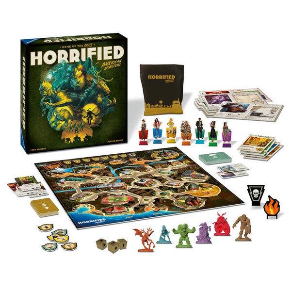 Horrified: American Monsters board game set with game board, miniatures, cards, and player pieces displayed.