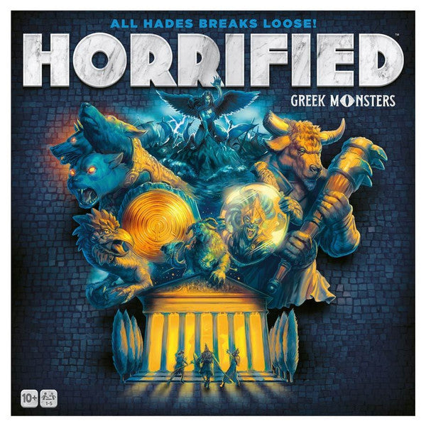 Box cover of Horrified: Greek Monsters featuring iconic Greek mythological creatures and a dramatic temple backdrop.